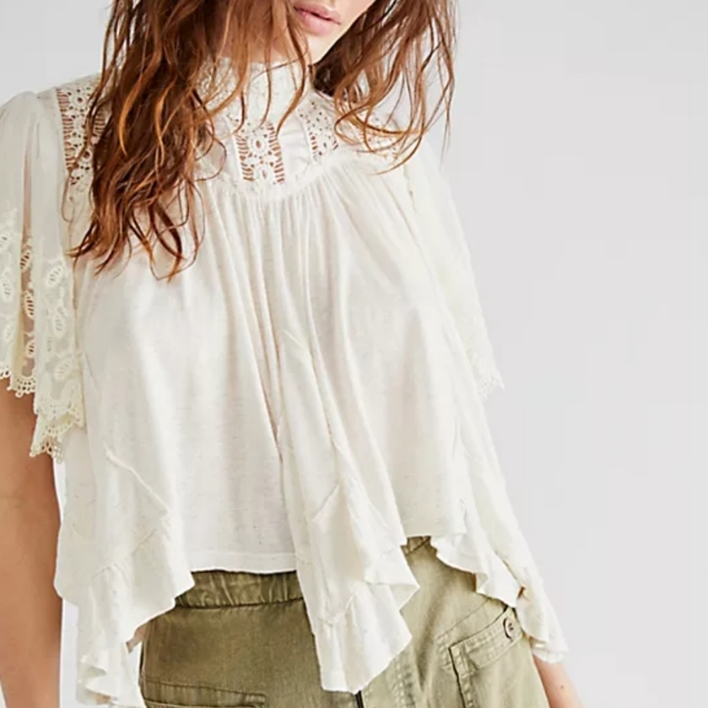 Free People Ivory lace top open tie back lace bohemian short flutter victorian